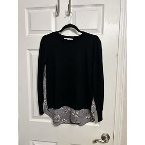 LOFT Women's Small Long Sleeve mixed media Black Sweater, purple floral print